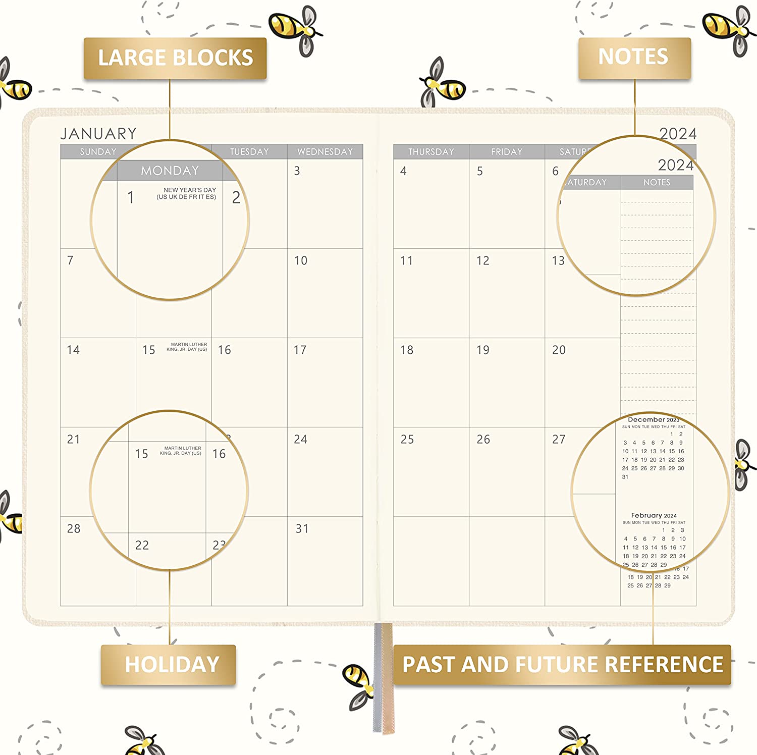 Planner 2023-2024 - Academic Planner 2023-2024 from July 2023 - June 2024, 2023-2024 Weekly Monthly Planner with Calendar Stickers, 5.75" x 8.25", Saffiano Leather, Pen Loop, Back Pocket - Black Bee - Image 3
